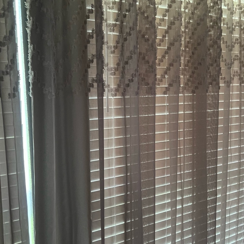 Grommet sheers, light gray with beautiful details and designs at the top.